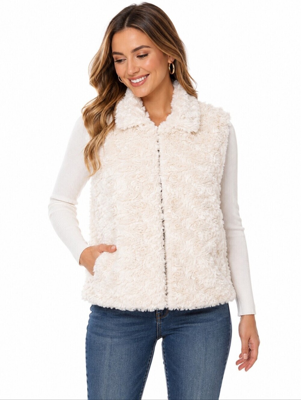 Betsey Johnson Ivory Faux Fur Vest S Plush Swirl Hook Eye Cozy